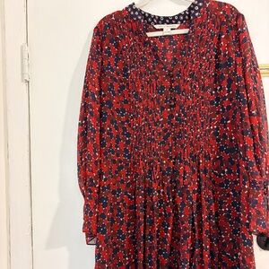 Diane von Furstenberg Red & Navy Blue Silk Pintuck Kourtini Shift Dress Size 14